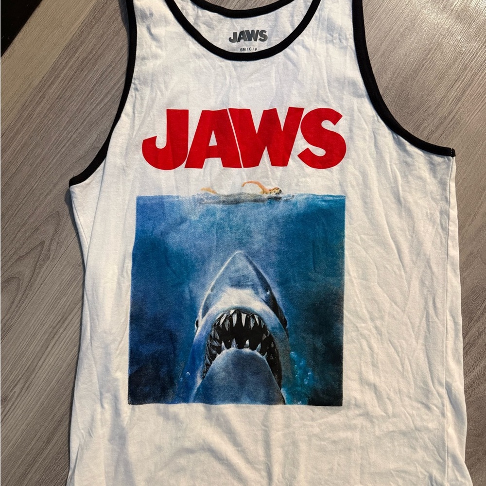 JAWS White Graphic Tank Top with Shark Print